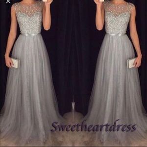 Silver Rhinestone A-line Evening Gown